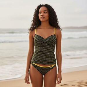 NWOT Striped Yellow Black Women's three-piece Swim Set floral underwire M